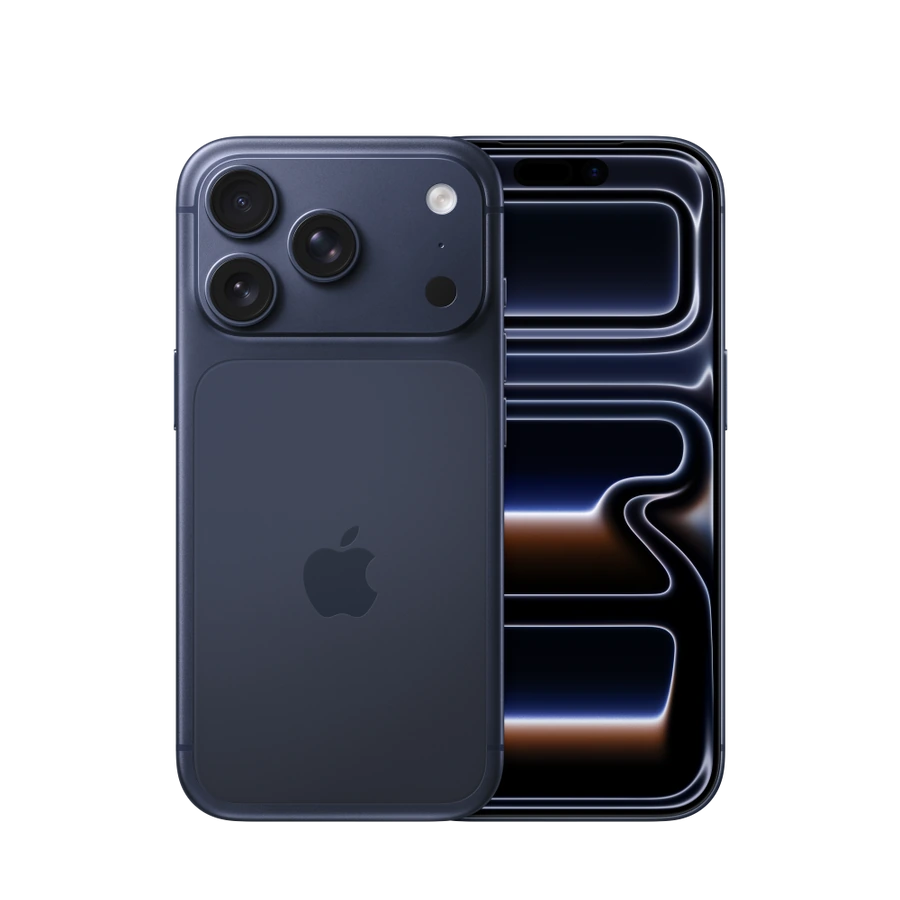Dois iPhones 17 Pro azul-profundo: um com a traseira e câmeras em destaque e outro visto de frente com tela preta